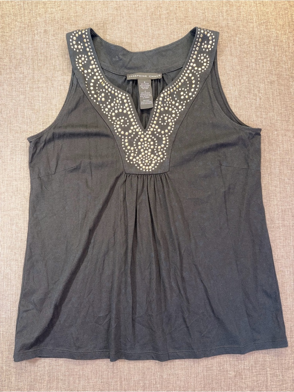Josephine Chaus Black Sleeveless V-Neck Top with Silver Stud Detail Size 8